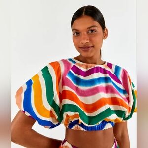 NWT FARM Rio 'Dancing Stripes' Puff Sleeve Crop Top, Size XS
